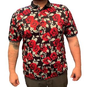 Fashion Nova Men Red Black Romantic Valentine’s Day Rose Short Sleeve Polo Shirt